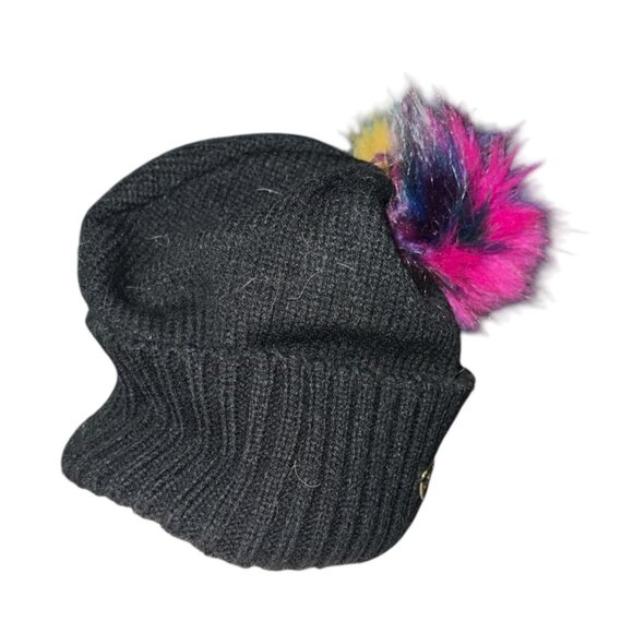 Black Knit Beanie With Multicolor Faux Fur Pom & Heart Accent One Size Womens - Picture 3 of 7
